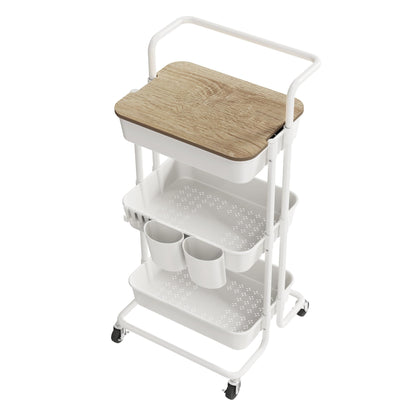DTK 3 Tier Metal Utility Rolling Cart with Table Top and Side Bags, Tray Storage Organizer Wheels, Art Craft 4 Hooks for Kitchen Bathroom Office Living Room (Black)
