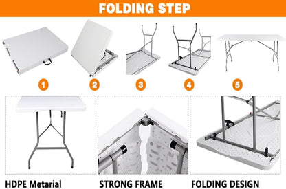 Folding Table 6ft,Foldable Table with Built in Handle & Steel Legs,Smooth HDPE Tabletop,Heavy Duty Folding Portable,Indoor Outdoor Uset for Party, Dining,Events,White