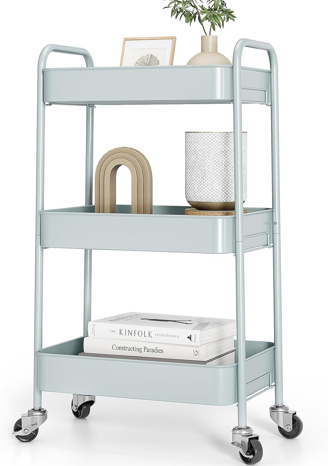 TOOLF 3 Tier Metal Rolling Cart, Utility Storage Cart with Wheels, White