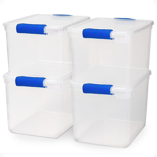 HOMZ Clear Plastic Storage Bins with Latching Lids, 31 Qt, Blue, 4 Pack