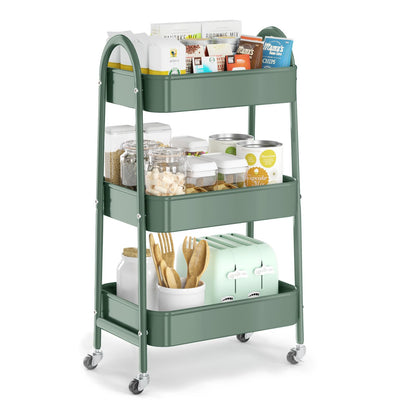 EAGMAK 3 Tier Utility Rolling Cart, Metal Storage Cart with Handle and Lockable Wheels, Multifunctional Storage Organizer Trolley with Mesh Baskets for Kitchen, Living Room, Office, Garage (Beige)