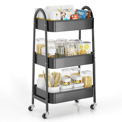 EAGMAK 3 Tier Utility Rolling Cart, Metal Storage Cart with Handle and Lockable Wheels, Multifunctional Storage Organizer Trolley with Mesh Baskets for Kitchen, Living Room, Office, Garage (Beige)