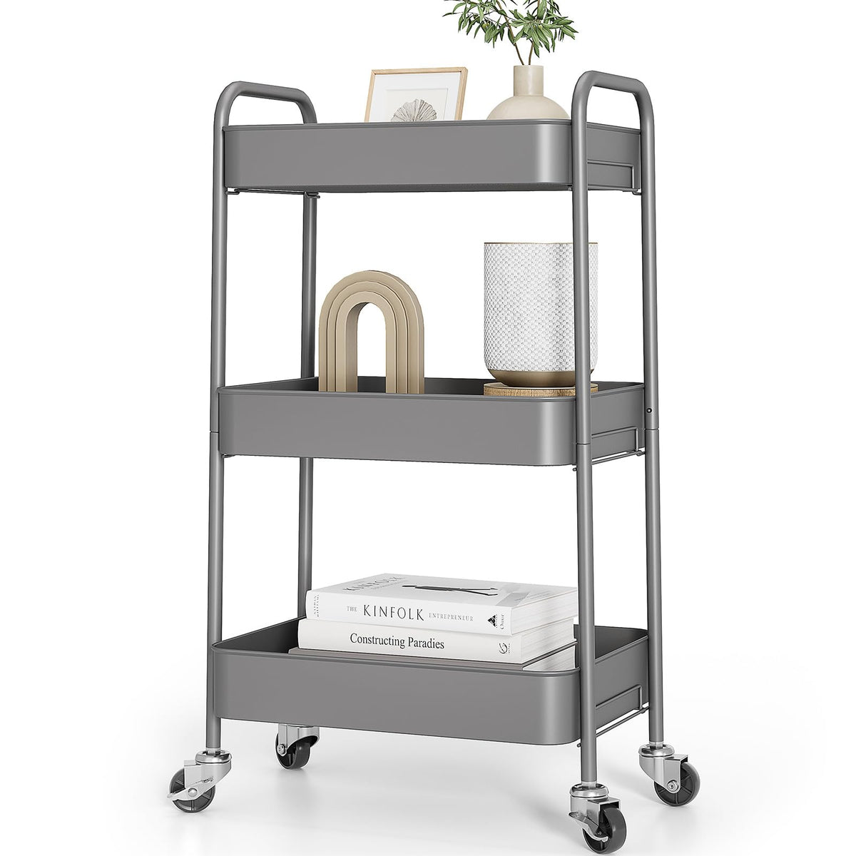 TOOLF 3 Tier Metal Rolling Cart, Utility Storage Cart with Wheels, White