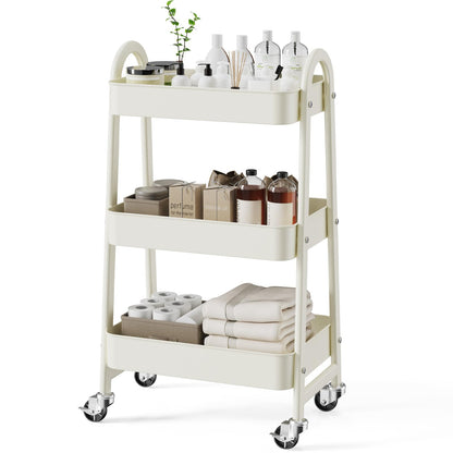NEWBULIG 3-Tier Metal Rolling Cart with Lockable Wheels, Heavy Duty Mobile Utility Storage Shelf, Roller Book Snack Cart, Grey