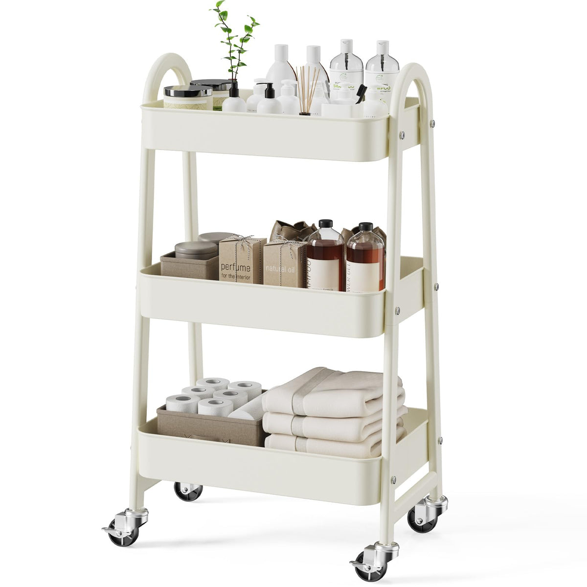 NEWBULIG 3-Tier Metal Rolling Cart with Lockable Wheels, Heavy Duty Mobile Utility Storage Shelf, Roller Book Snack Cart, Organization for Livingroom, Bathroom, Office, Pink