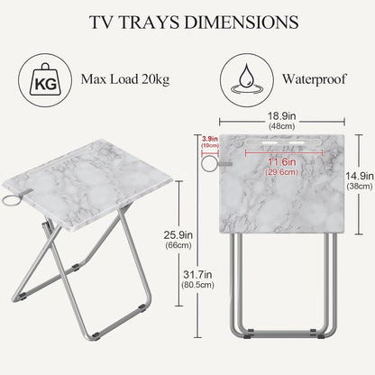 TV Tray Table,Folding Table with Cup Holder Portable,Foldable Snack Tray for Eating,Small Folding Tables Set of 2,Dinner Tables for Couch, Living Room,Small Space (White Marble,2Pcs)