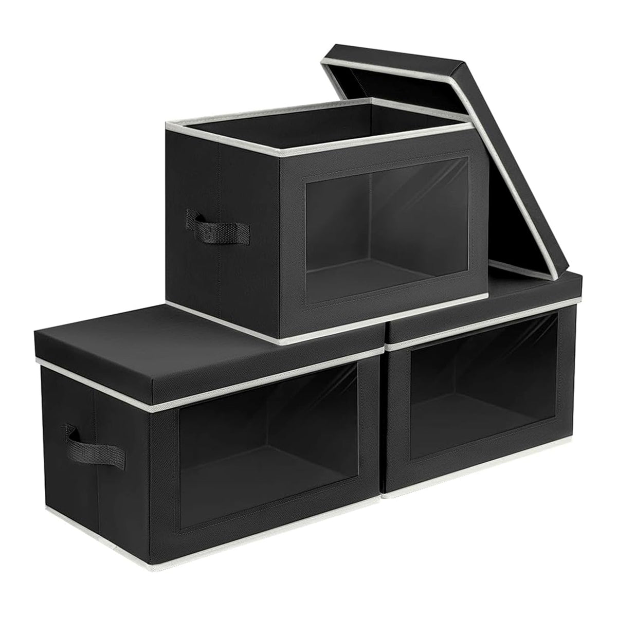 Homsorout Storage Bins with Lids - Fabric Storage Boxes with Window, Collapsible Closet Organizers with Handles, 3 Pack Decorative Bin, Home Cubes Baskets for Clothes, Hat, Books, Dark Grey
