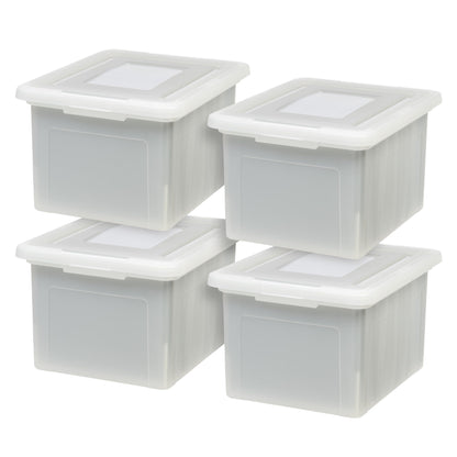 IRIS USA File Box File Organizer Plastic File Box for Letter/Legal File, BPA-Free Plastic Storage Bin Tote Organizer with Durable and Secure Latching Lid, Stackable and Nestable, Clear 35 Qt. 4Pack
