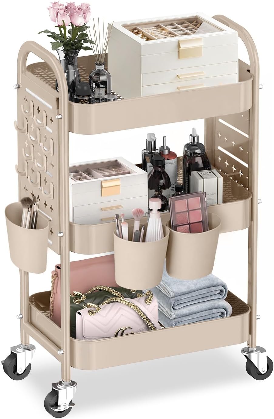 ALVOROG 3 Tier Metal Rolling Utility Cart with Pegboards,Baskets,Hook,Khaki