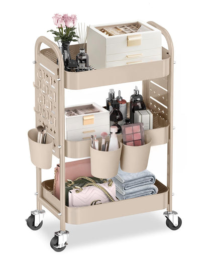 ALVOROG 3 Tier Metal Rolling Utility Cart with Pegboards,Baskets,Hook,Khaki