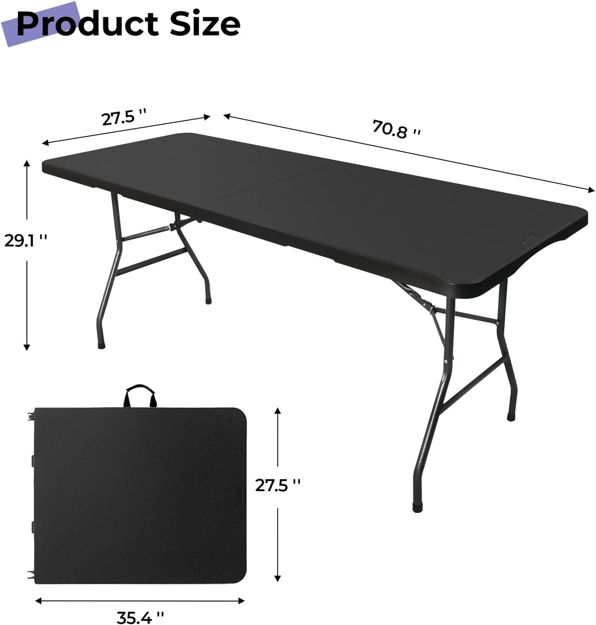 Folding Table 6ft, Heavy Duty Portable Utility Table with Handle, Black