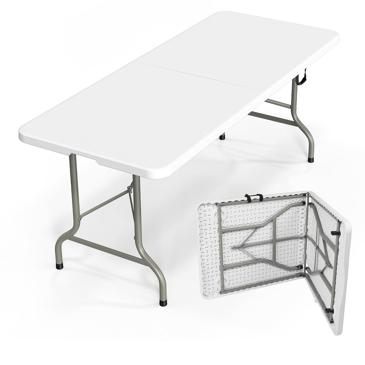 Bonnlo Folding Table 6ft, Portable Collapsible Plastic White Long Tables for Party, Camping, Banquet, Craft, Dining, Wedding, Outdoor and Indoor Use