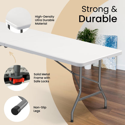 Our Modern Space 8 Feet Foldable Table with Built in Handle & Steel Legs | 8 FT Heavy Duty Portable | Perfect for Party, Dining, Wedding, Events, Picnic Indoor, Outdoor, Camping, Temporary - 8 Foot
