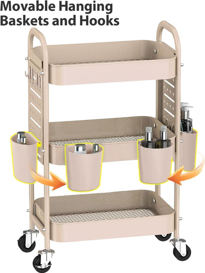 ALVOROG 3 Tier Metal Rolling Utility Cart with Pegboards,Baskets,Hook,Khaki