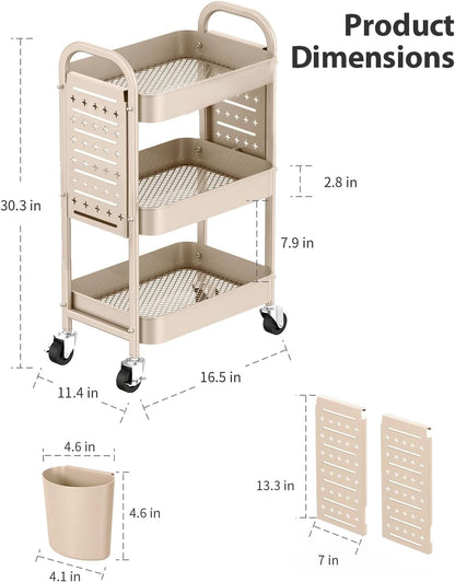 ALVOROG 3 Tier Metal Rolling Utility Cart with Pegboards,Baskets,Hook,Khaki