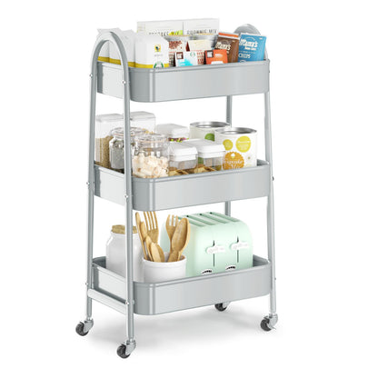 EAGMAK 3 Tier Utility Rolling Cart, Metal Storage Cart with Handle and Lockable Wheels, Multifunctional Storage Organizer Trolley with Mesh Baskets for Kitchen, Living Room, Office, Garage (Black)