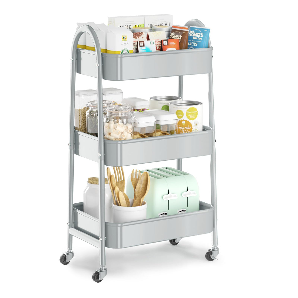 EAGMAK 3 Tier Utility Rolling Cart, Metal Storage Cart with Handle and Lockable Wheels, Multifunctional Storage Organizer Trolley with Mesh Baskets for Kitchen, Living Room, Office, Garage (Beige)