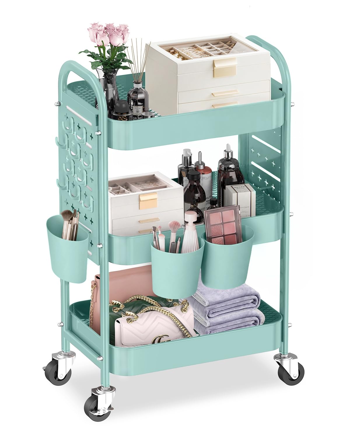 ALVOROG 3 Tier Metal Rolling Utility Cart with Pegboards,Baskets,Hook,Khaki