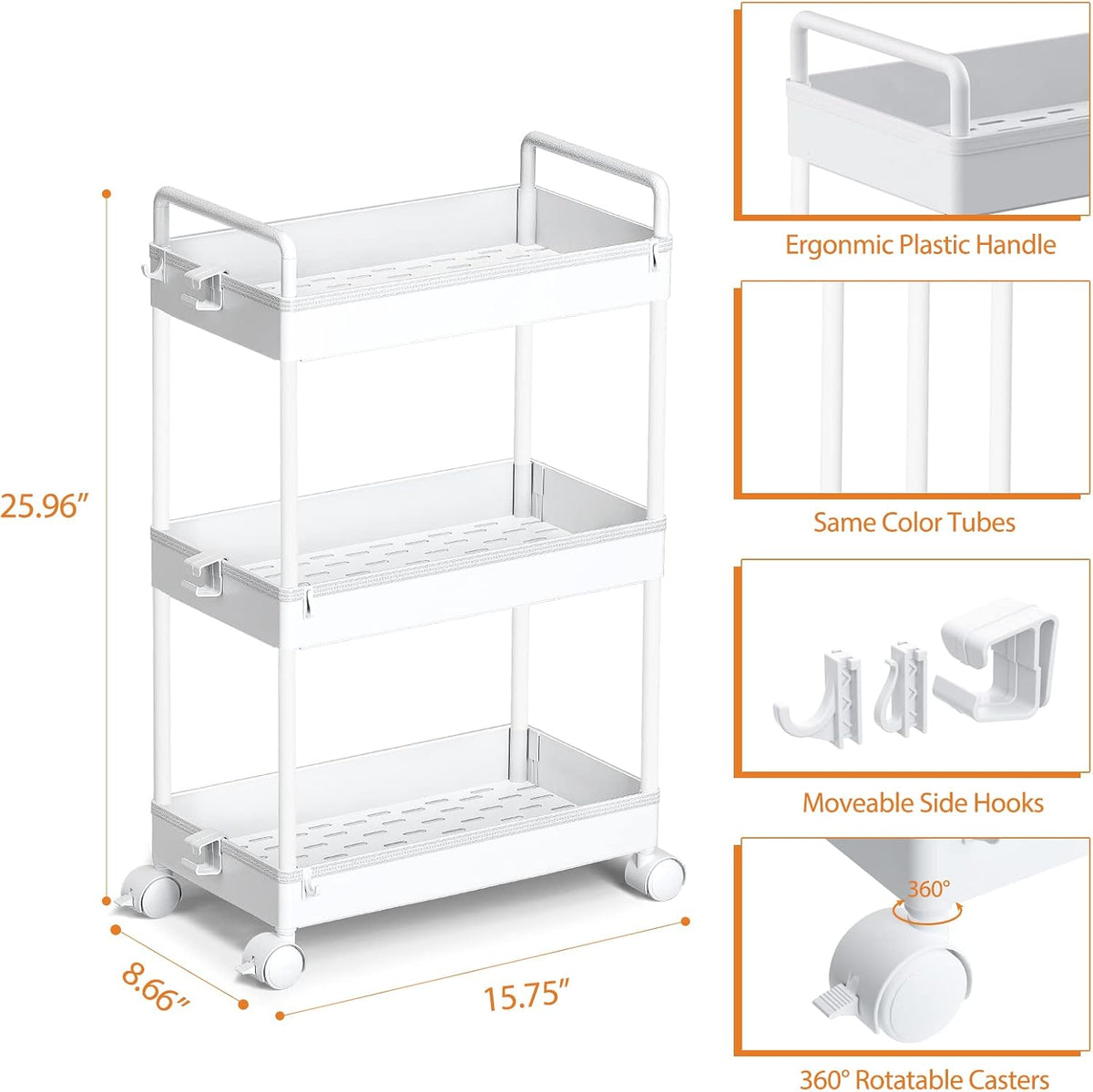 Ronlap 3 Tier Slim Rolling Storage Cart with Wheels Utility Organizer,White