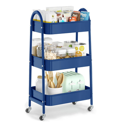 EAGMAK 3 Tier Utility Rolling Cart, Metal Storage Cart with Handle and Lockable Wheels, Multifunctional Storage Organizer Trolley with Mesh Baskets for Kitchen, Living Room, Office, Garage (Black)