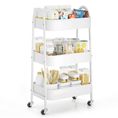EAGMAK 3 Tier Utility Rolling Cart, Metal Storage Cart with Handle and Lockable Wheels, Multifunctional Storage Organizer Trolley with Mesh Baskets for Kitchen, Living Room, Office, Garage (Beige)