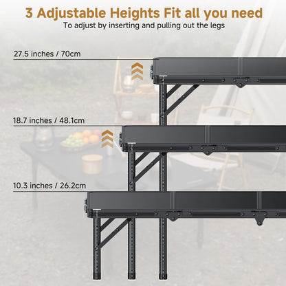 Folding Camping Table, 34.2"x15.7" 3 Adjustable Height Max 27.5"