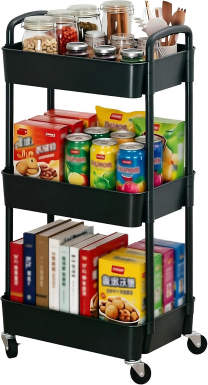 Sywhitta 3-Tier Plastic Rolling Utility Cart with Wheels for Storage,Black