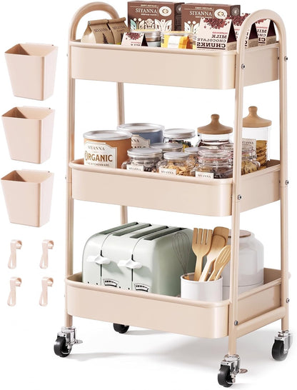 Beige 3 Tier Rolling Cart Metal with Wheels,Tan Three Tiered Bedside Carts