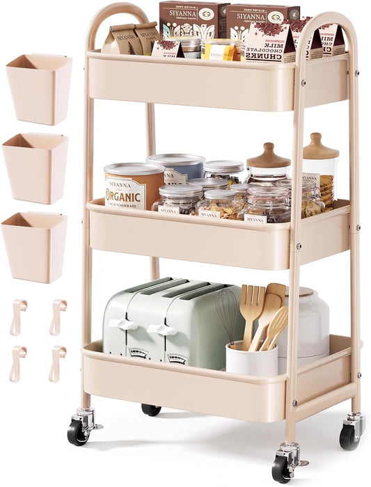 Beige 3 Tier Rolling Cart Metal with Wheels,Tan Three Tiered Bedside Carts