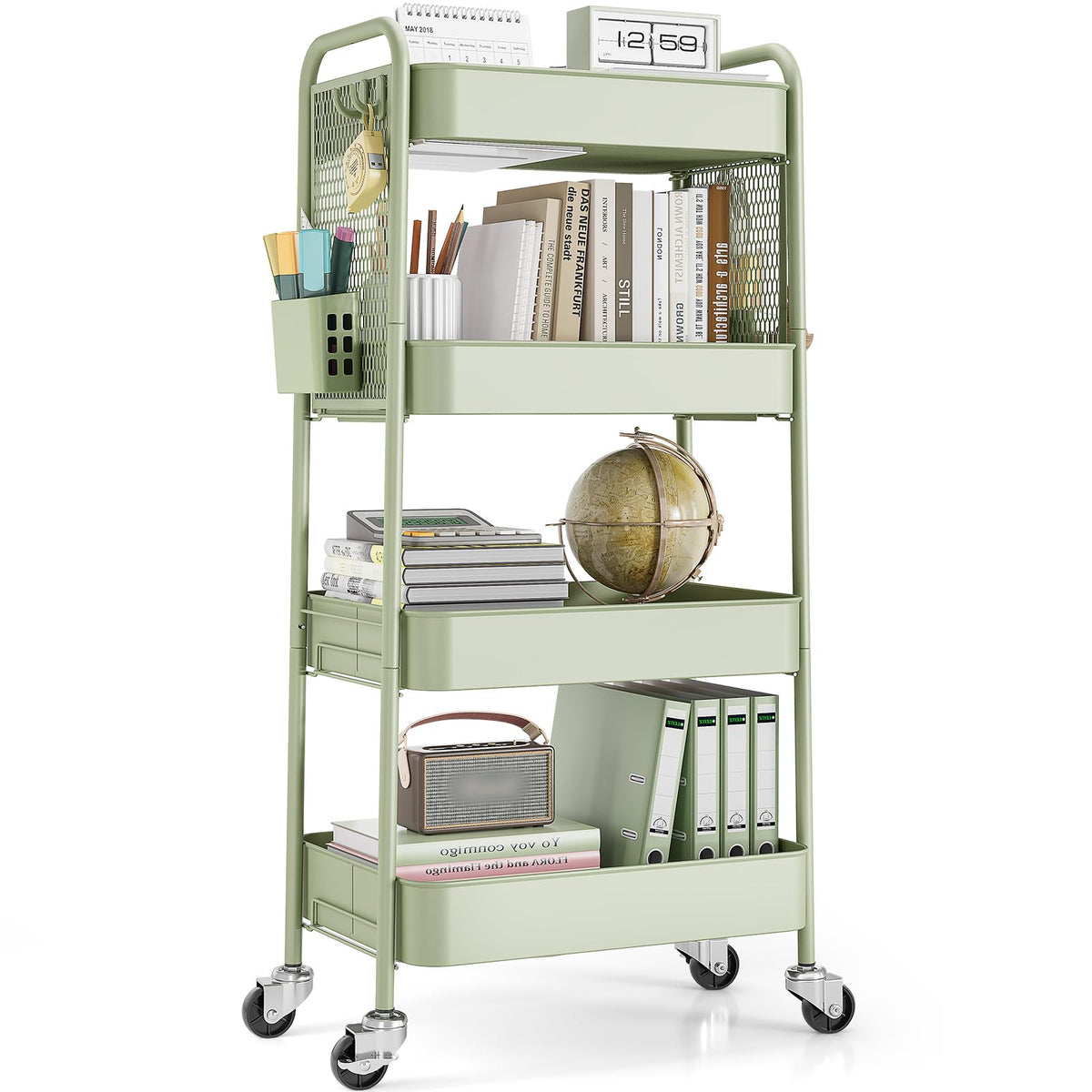 TOOLF 3 Tier Rolling Cart, Metal Utility Storage Cart with Pegboard, Green