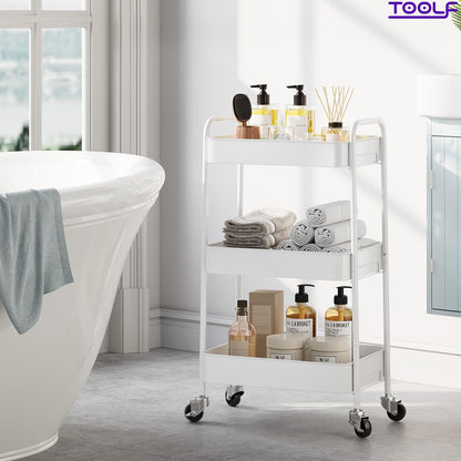 TOOLF 3 Tier Metal Rolling Cart, Utility Storage Cart with Wheels, White