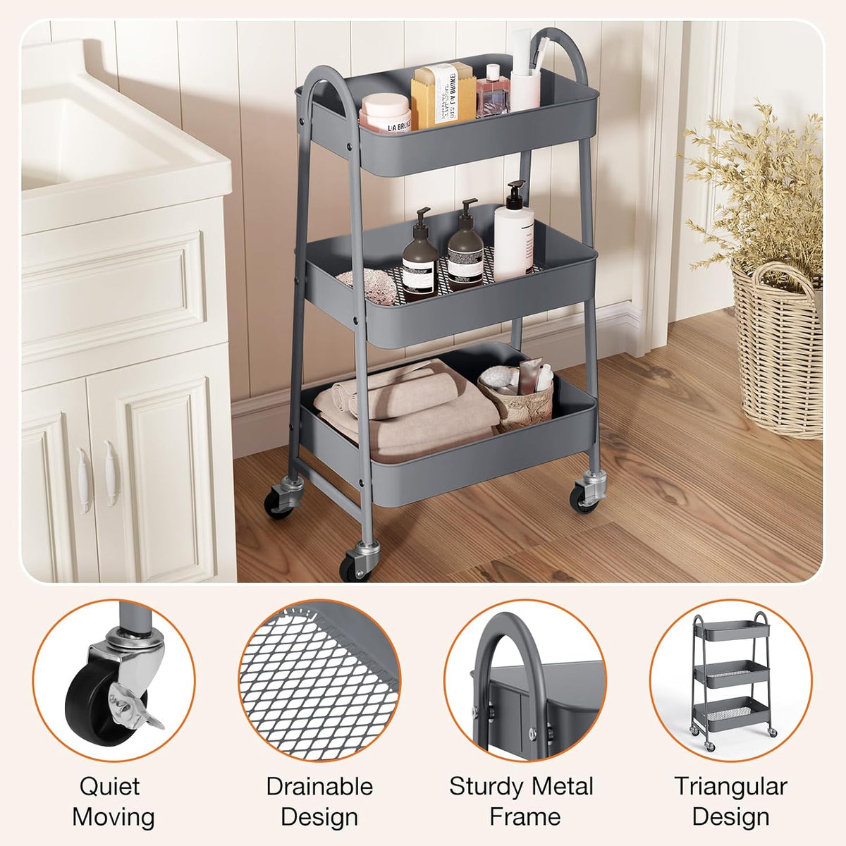NEWBULIG 3-Tier Metal Rolling Cart with Lockable Wheels, Heavy Duty Mobile Utility Storage Shelf, Roller Book Snack Cart, Grey