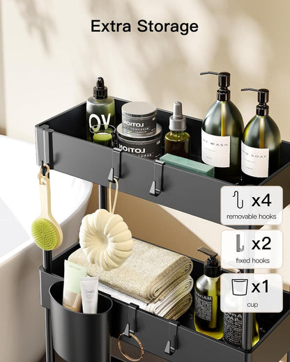 Pipishell 3 Tier Bathroom Storage Cart, Slim Storage Cart with Wheels,Black
