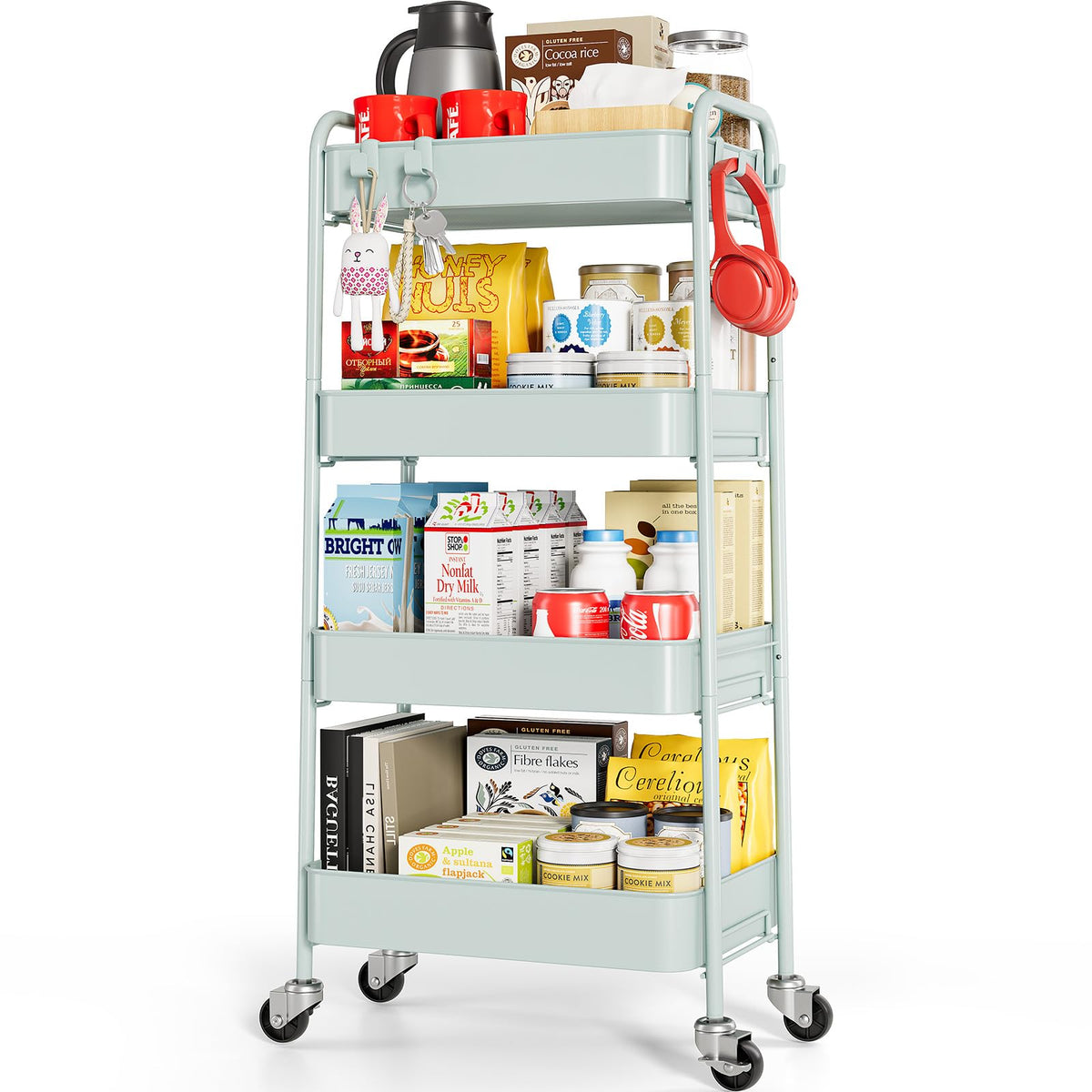 TOOLF 3 Tier Metal Rolling Cart, Utility Storage Cart with Wheels, White