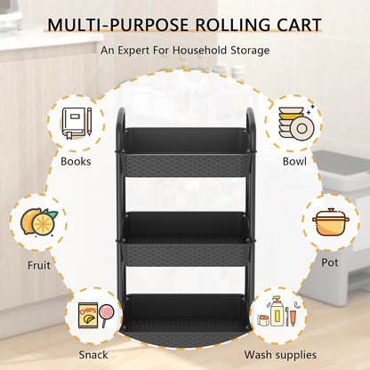 MOYIPIN 3-Tier Plastic Rolling Utility Cart with Handle,Black