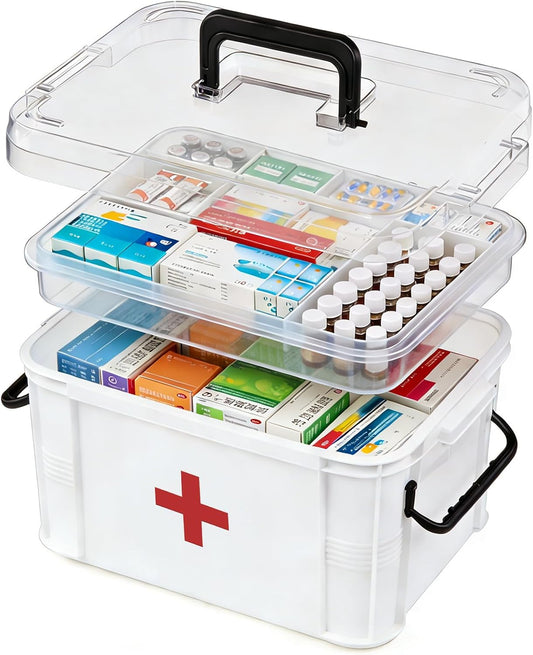 15QT Clear Medicine Organizer Box with Handle, Plastic Medicine Container with Tray First Aid Box Empty, Thickened Medicine Storage Organizer Multipurpose Medication Organizer Storage, White