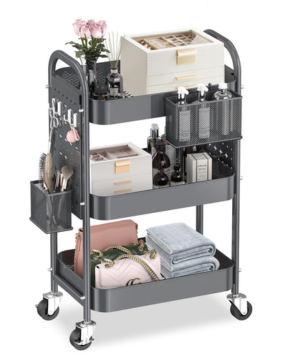 ALVOROG 3 Tier Metal Rolling Utility Cart with Pegboards,Baskets,Hook,Khaki