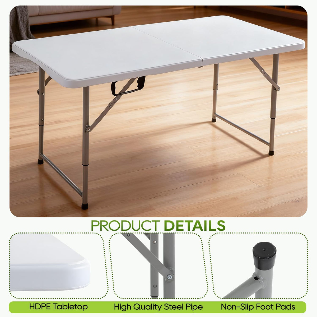 FDW 4FT Folding Table, Portable Fold-in-Half Plastic Picnic Party Table with Carrying Handle (White, 4FT)