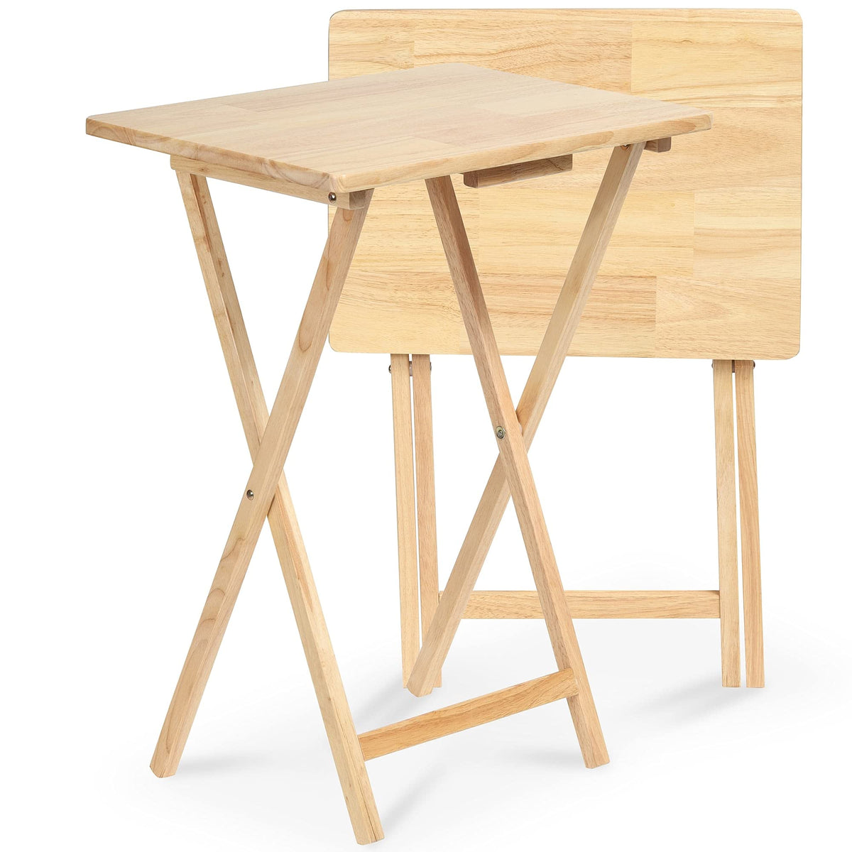 PJ Wood Folding TV Trays Set of 2, Solid Wood Foldable Snack Tables, Black