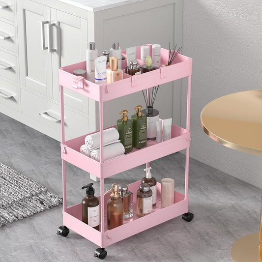 SPACELEAD 3 Tier Rolling Cart with Wheels, Storage Craft Art Trolley Organizer Serving, 3 Hanging Baskets Easy Assembly, for Office, Living Room, Kitchen, Pink