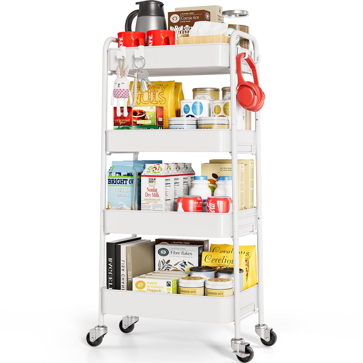 TOOLF 3 Tier Metal Rolling Cart, Utility Storage Cart with Wheels, White
