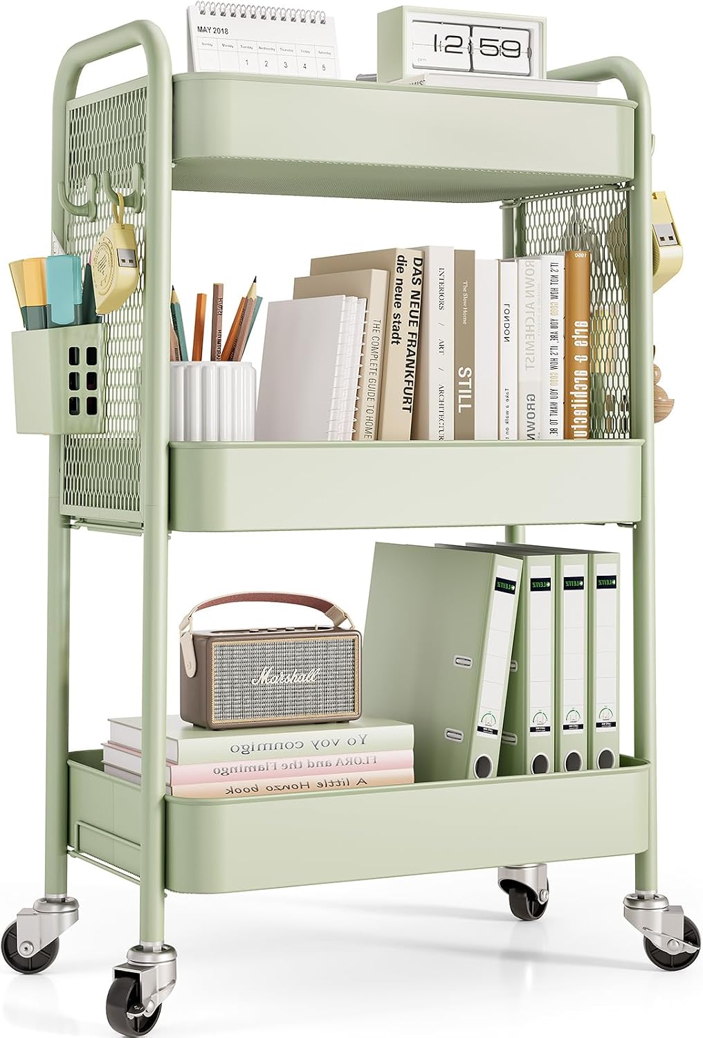 TOOLF 3 Tier Rolling Cart, Metal Utility Storage Cart with Pegboard, Green