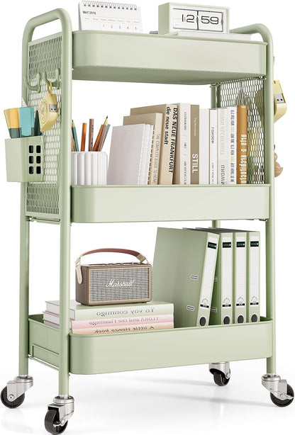 TOOLF 3 Tier Rolling Cart, Metal Utility Storage Cart with Pegboard, Green