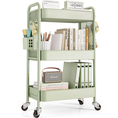 TOOLF 3 Tier Rolling Cart, Metal Utility Storage Cart with Pegboard, Green