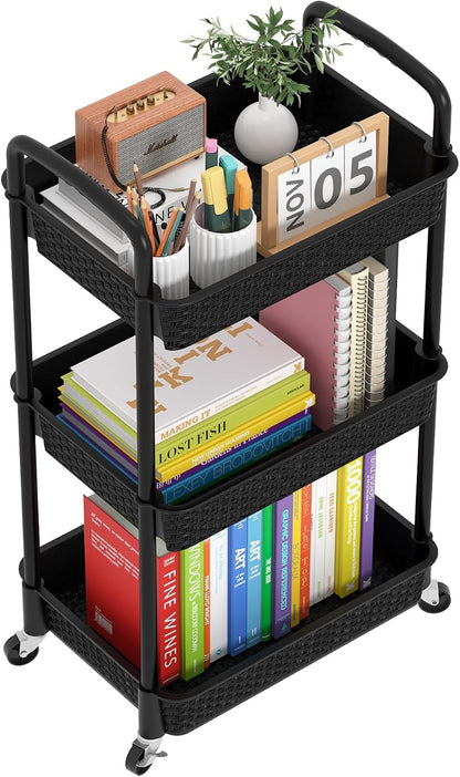 MOYIPIN 3-Tier Plastic Rolling Utility Cart with Handle,Black