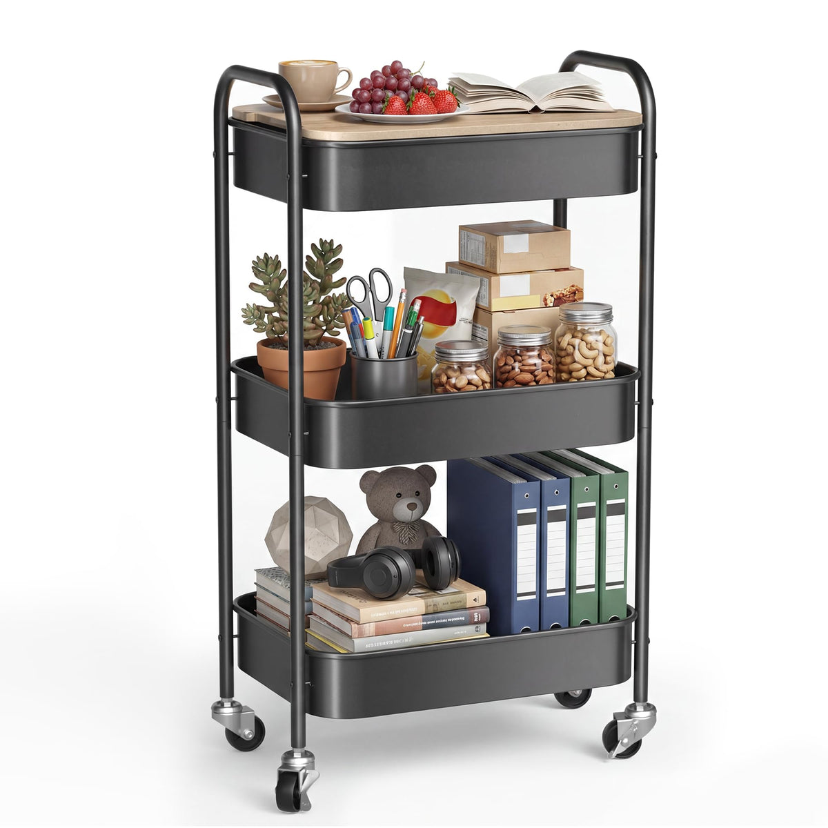 DTK 3 Tier Metal Utility Rolling Cart with Table Top and Side Bags, Tray Storage Organizer Wheels, Art Craft 4 Hooks for Kitchen Bathroom Office Living Room (Black)