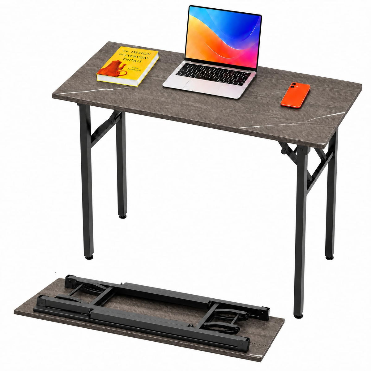 Folding Table Computer Desk - 35.8" No Assembly Folding Desk Design and Foldable Office Desk, Small Desk for Bedroom, Compact Storage Portable Use for Dorm and RV Small Space, Dark Oak