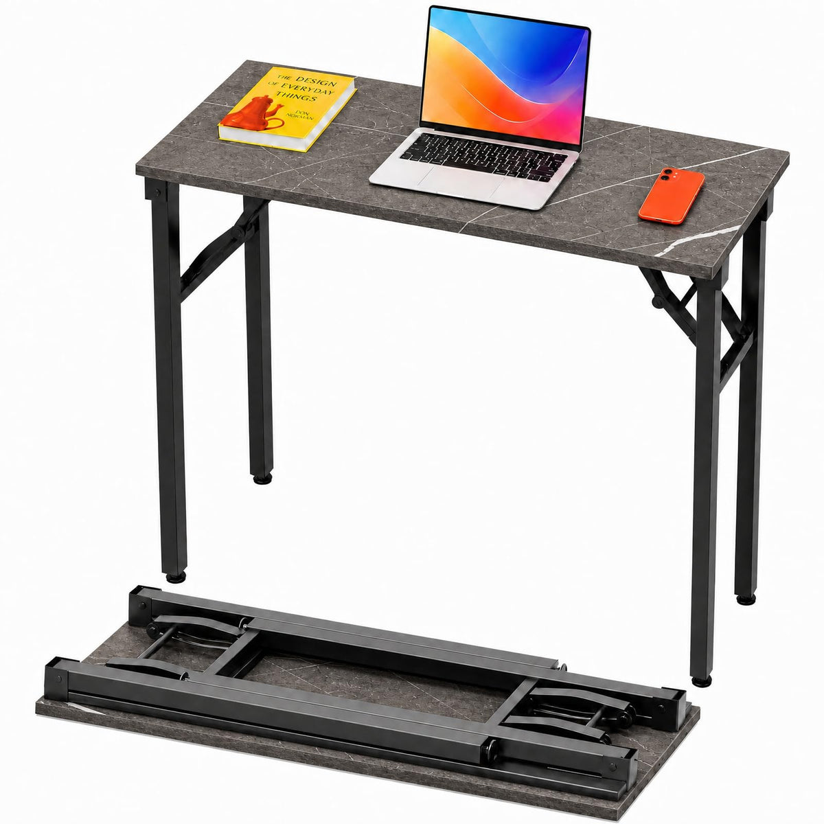 Folding Table Computer Desk - 35.8" No Assembly Folding Desk Design and Foldable Office Desk, Small Desk for Bedroom, Compact Storage Portable Use for Dorm and RV Small Space, Dark Oak