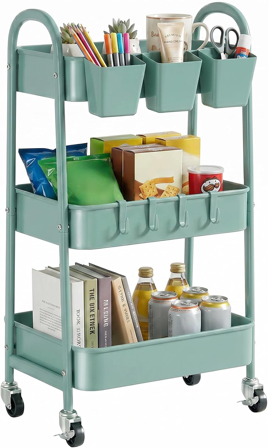 danpinera 3-Tier Rolling Cart, Metal Rolling Storage Cart with Wheels