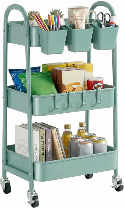 danpinera 3-Tier Rolling Cart, Metal Rolling Storage Cart with Wheels